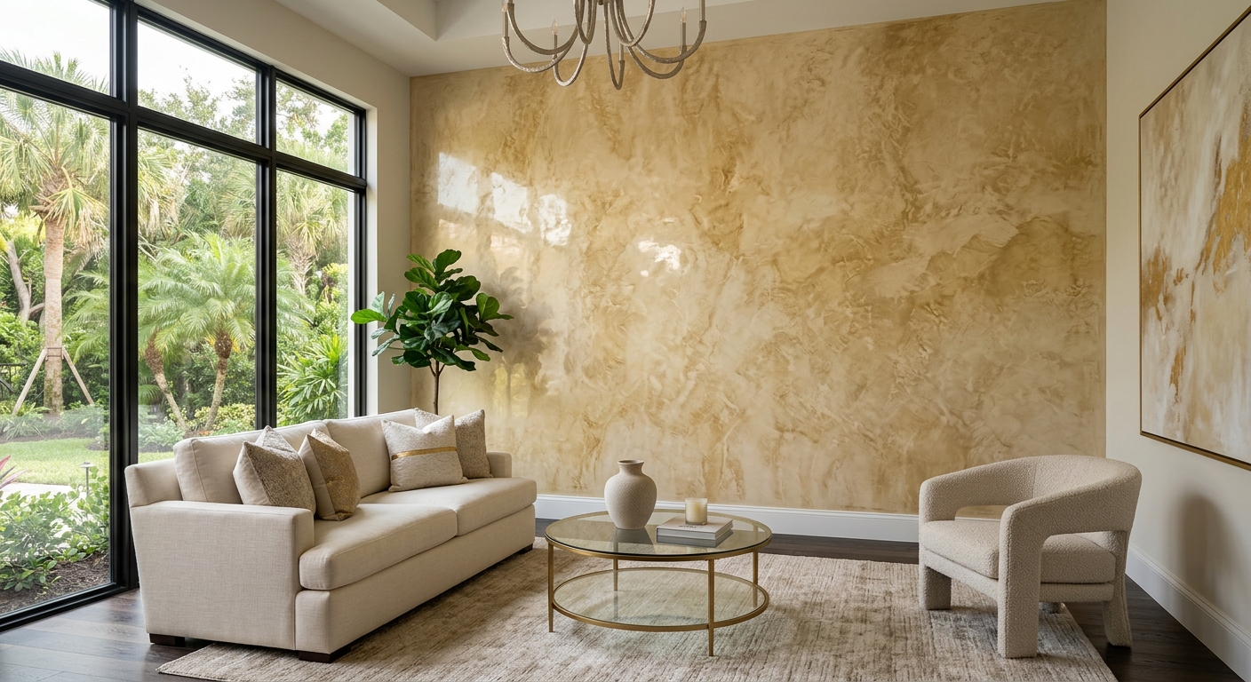 Venetian plaster accent wall in luxury Sarasota living room