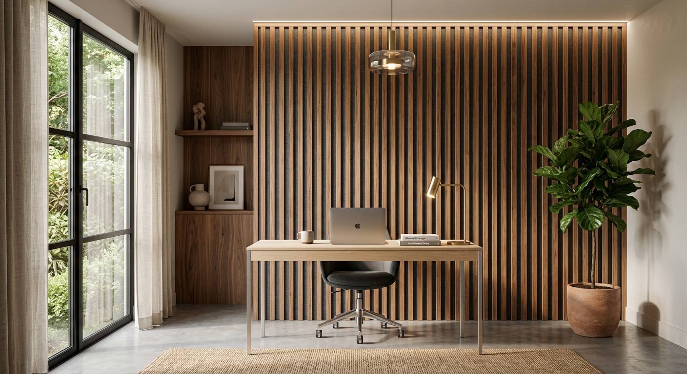 Decorative wood slat wall panels in modern home office