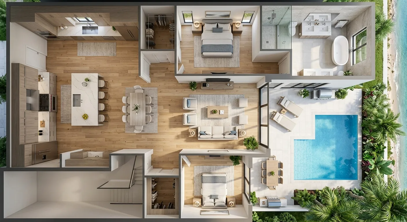Top-down floor plan view of a modern Sarasota home showing kitchen, living room, bathroom and outdoor patio clearly labeled