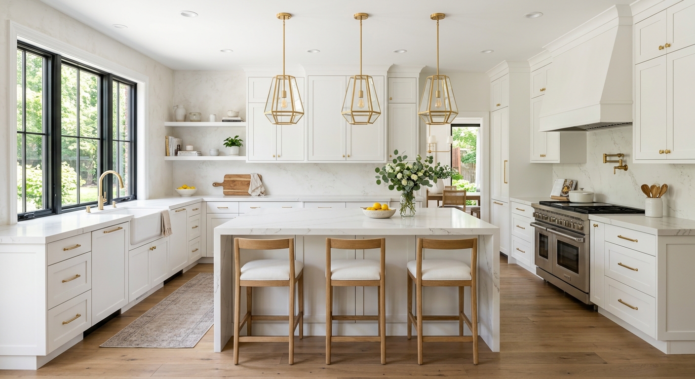 Luxury kitchen remodeling with white shaker cabinets and quartz countertops