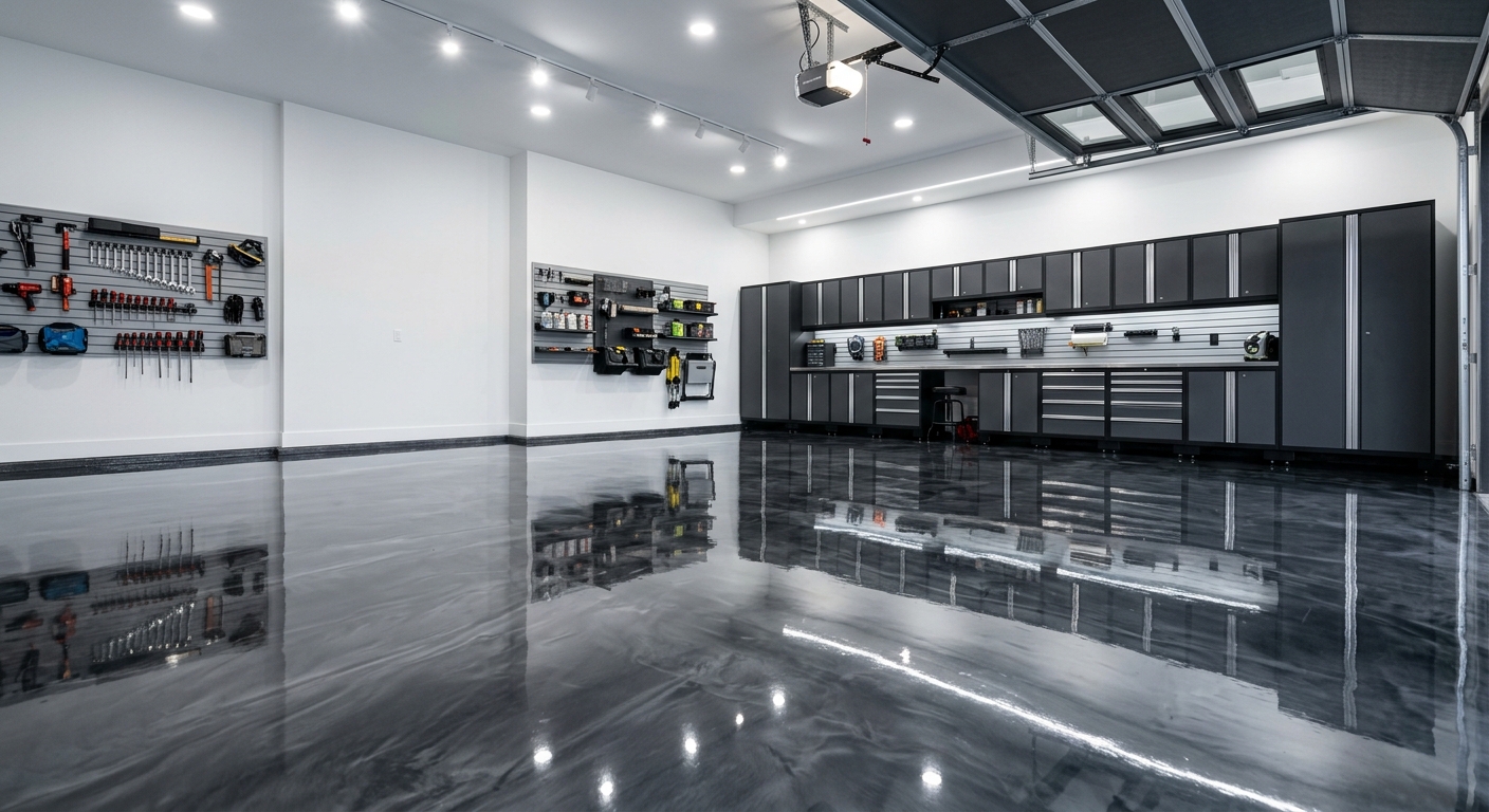 Metallic epoxy garage floor coating with high-gloss mirror finish