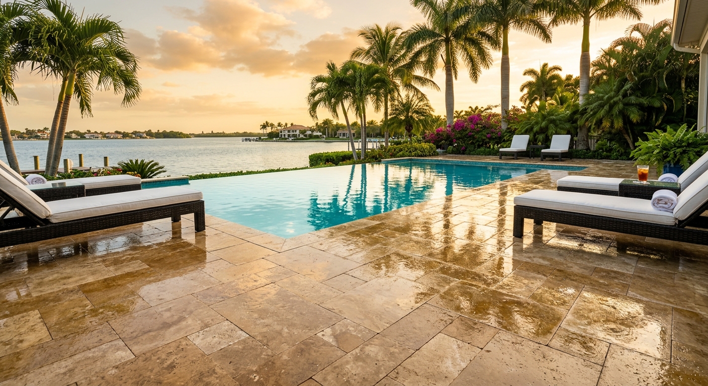 Professional paver sealing wet look finish on Sarasota pool deck