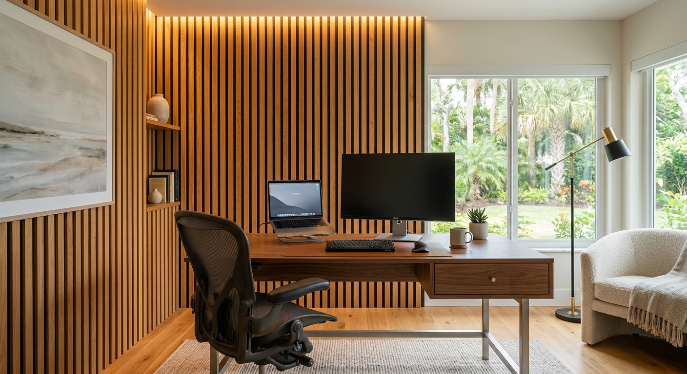 Decorative wood slat wall panel installation in Sarasota home office