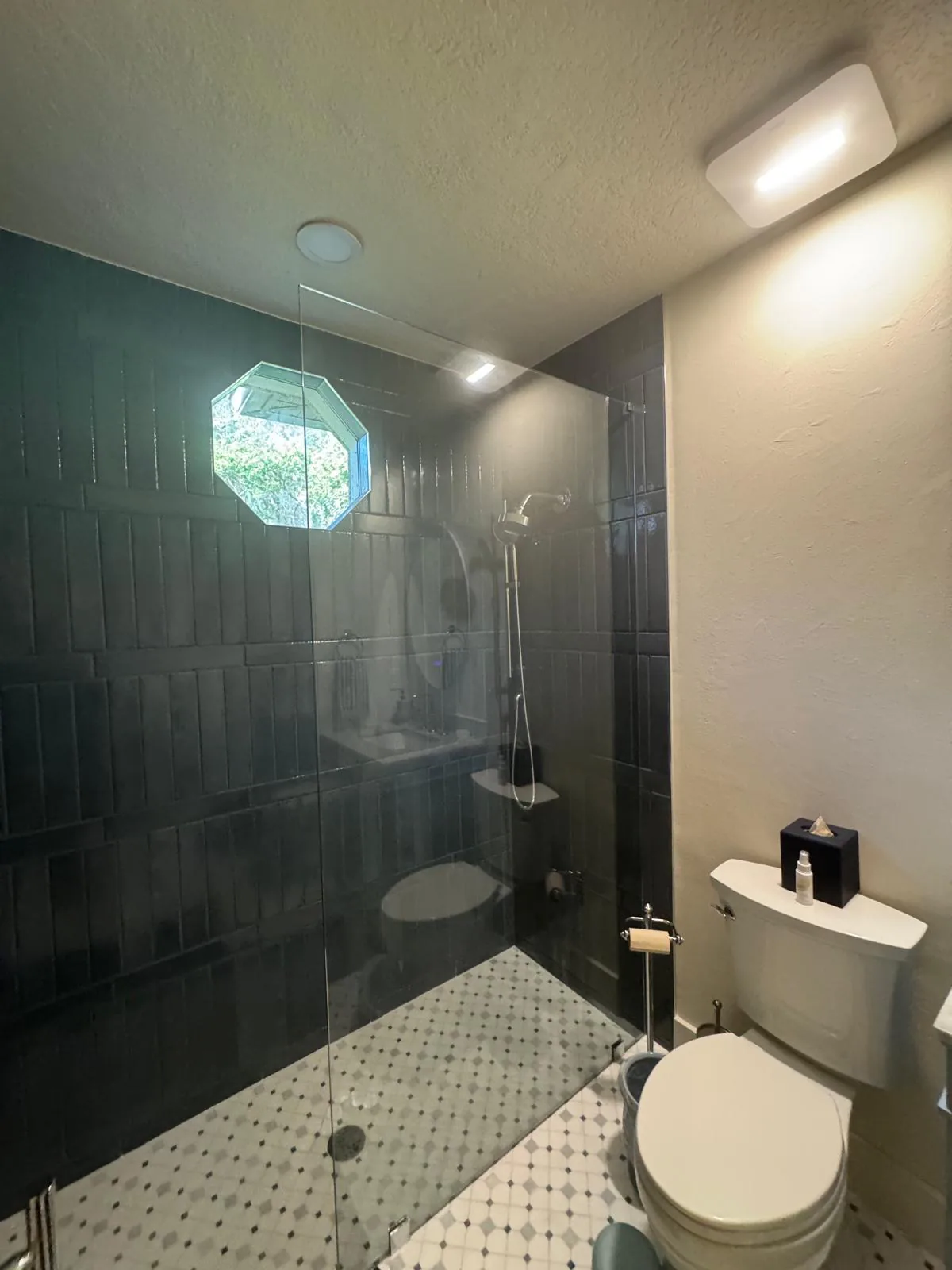 Walk-in shower with dark teal vertical tile, frameless glass panel and black-and-white octagon mosaic floor in Lakewood Ranch, FL