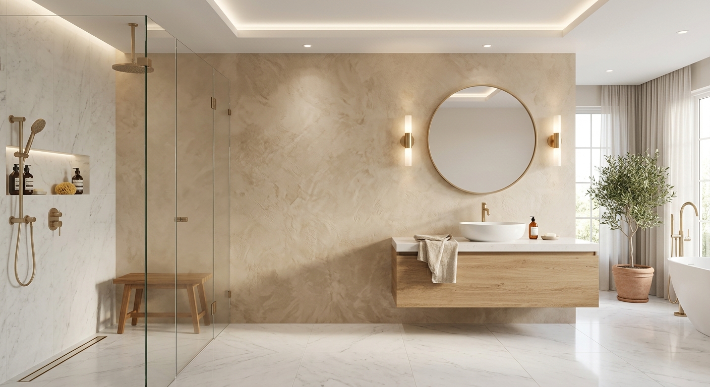 Spa-inspired bathroom with frameless glass shower and silk plaster wall