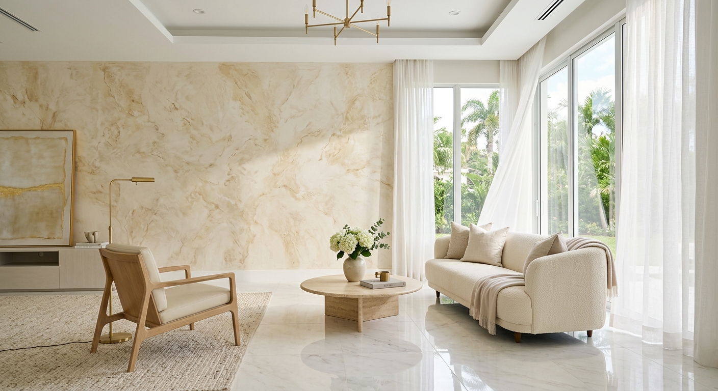 Venetian plaster feature wall in elegant Sarasota living room