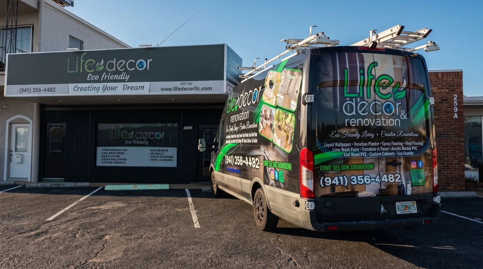 Life Decor & Renovation storefront showroom and branded service van in Sarasota, FL